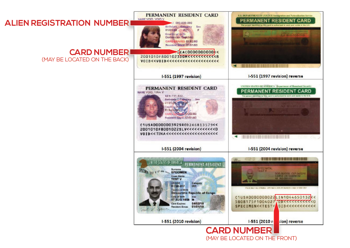 Photo of examples of where an alien registration number may be located on a premanent resident card. 