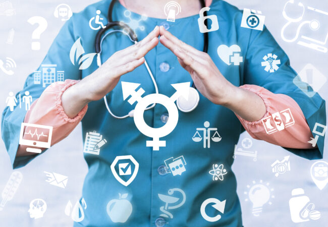 Transgender Safety Medicine concept. Medical Ethics, Tolerance. Doctor holds roof hands over transgender (combining gender) symbol on a virtual digital screen interface.