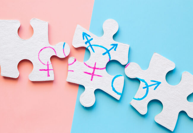 divided puzzle pieces with gender symbols. concept of gender equality