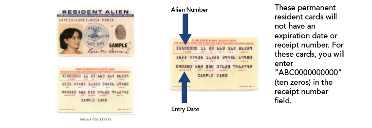 Photo of an older resident alien card, and where the alien number and entry date is located on them. 