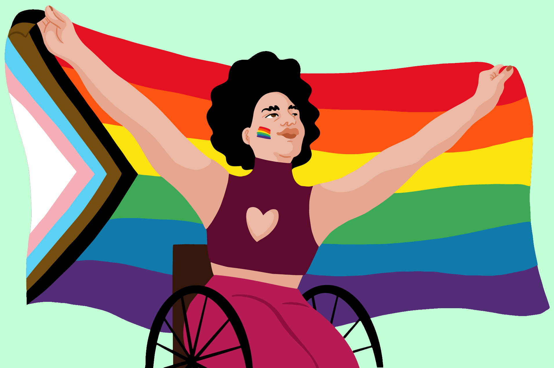 LGBTQIA+ person in a wheelchair with black hair holding up a Rainbow, Progress Pride Flag